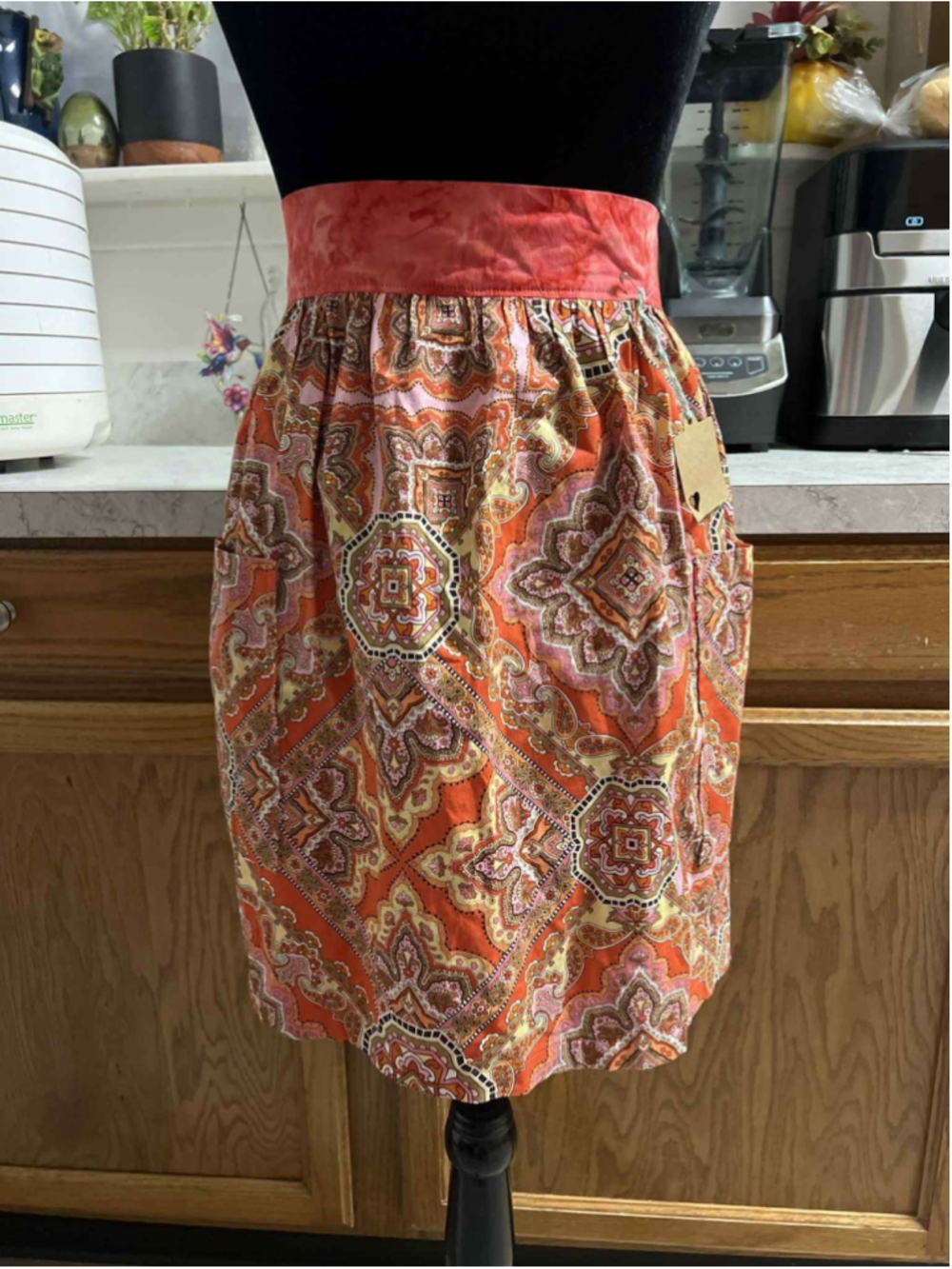 Handmade Kitchen Waist Apron with Pockets Retro Boho Orange Red Pink Pattern NEW